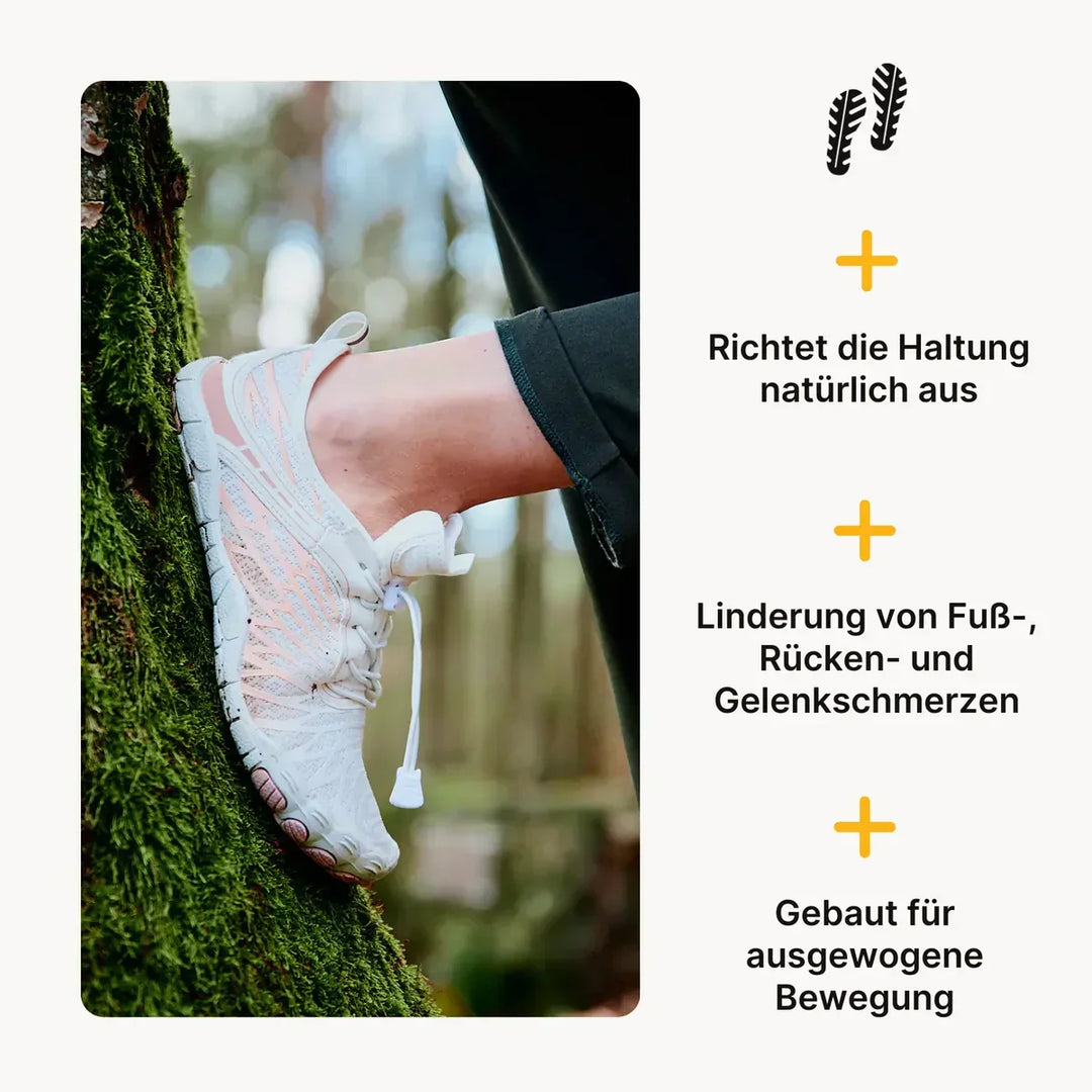 Damen Barfußschuh in Weiß an einem Baumstamm mit Vorteilen