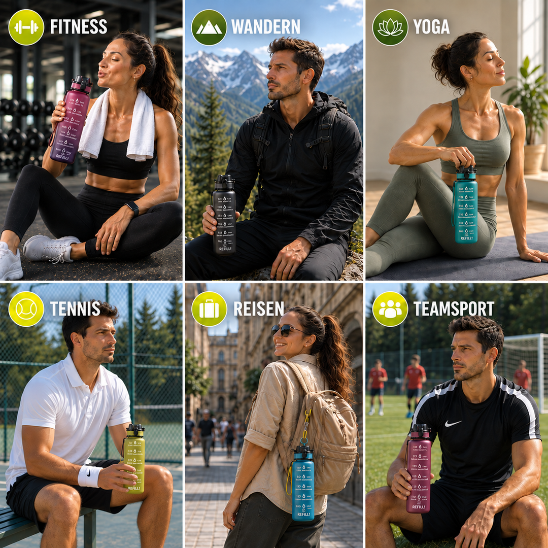 BPA-freie Sport-Wasserflasche 1L mit Trinkzeitleiste, unisex, ideal für Training und unterwegs.