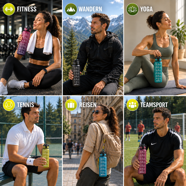 BPA-freie Sport-Wasserflasche 1L mit Trinkzeitleiste, unisex, ideal für Training und unterwegs.