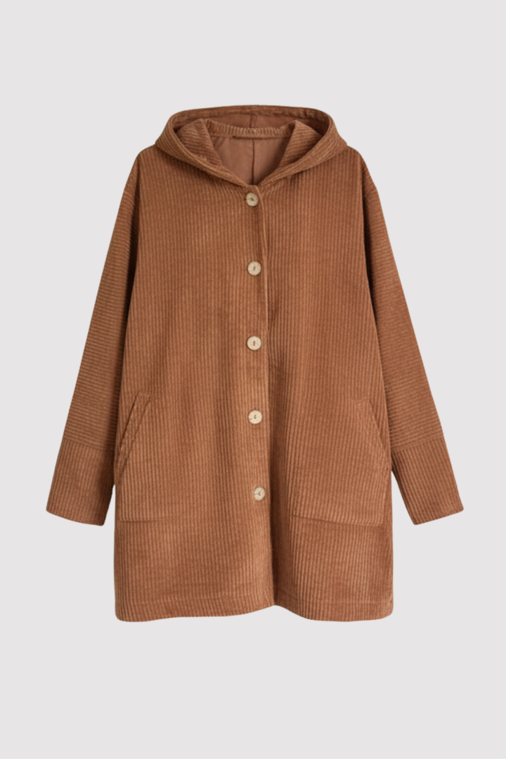 Damen Kapuzenjacke in Hellbraun mit Knöpfen und Taschen in der Vorderansicht