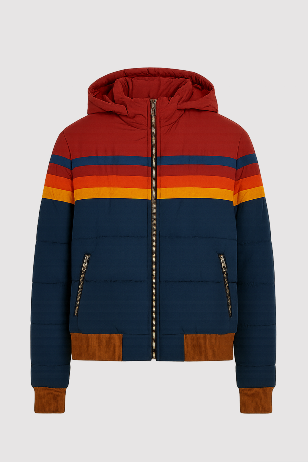 Vorderansicht der bunten Damen Übergangsjacke mit Kapuze auf hellem Hintergrund