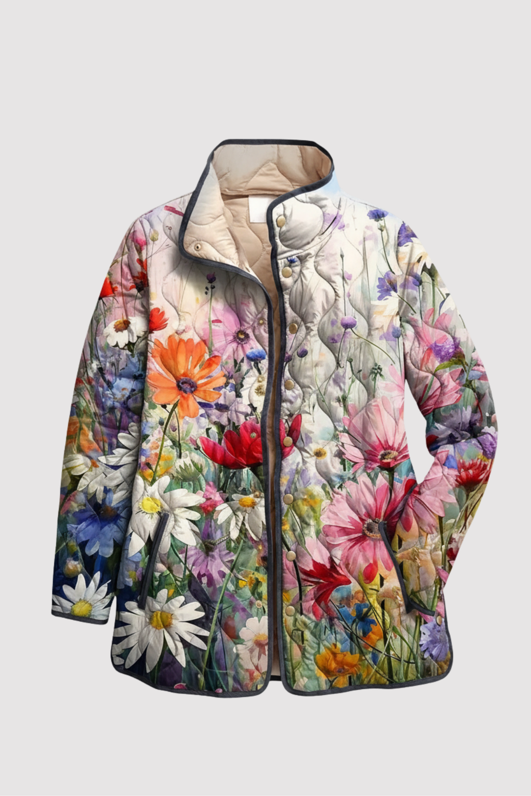 Damen Übergangsjacke mit buntem Blumenmuster auf heller Basis