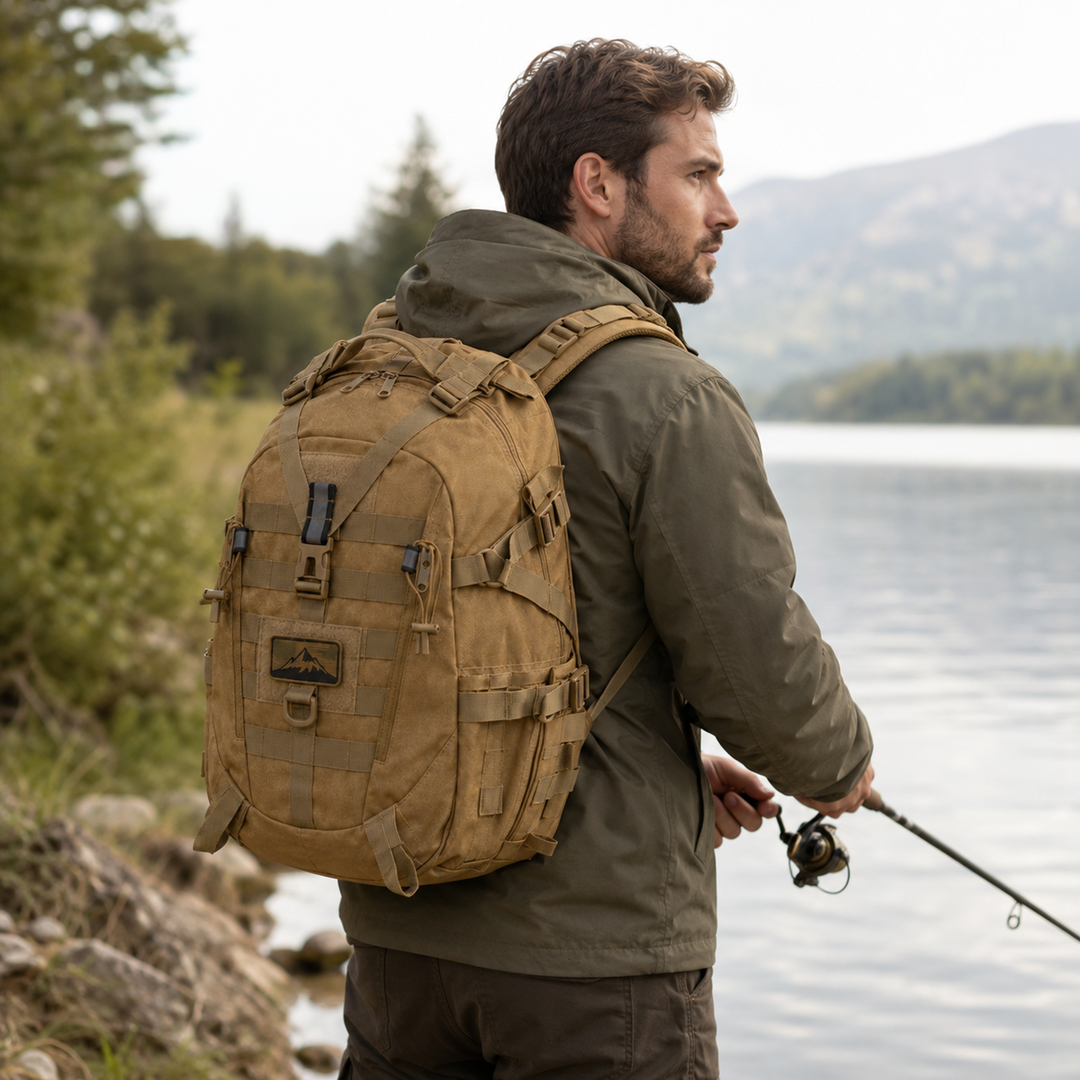 Camouflage Rucksack im Gelände beim Wandern und Trekking