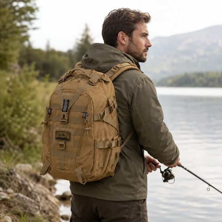 Camouflage Rucksack im Gelände beim Wandern und Trekking