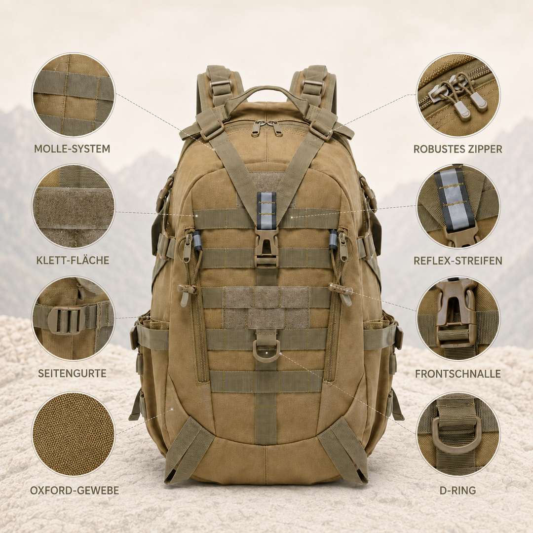 Schwarzer taktischer Rucksack 40L, ideale Ansicht für Outdoor und Trekking