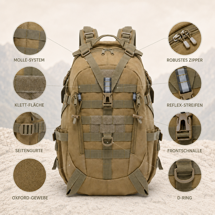 Schwarzer taktischer Rucksack 40L, ideale Ansicht für Outdoor und Trekking