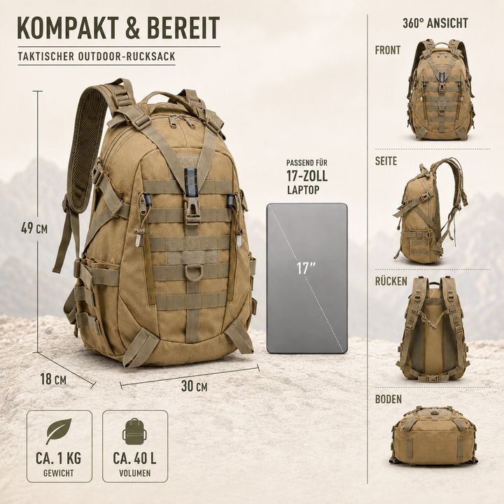 Übersicht der Maße und Details des taktischen Rucksacks mit Laptop