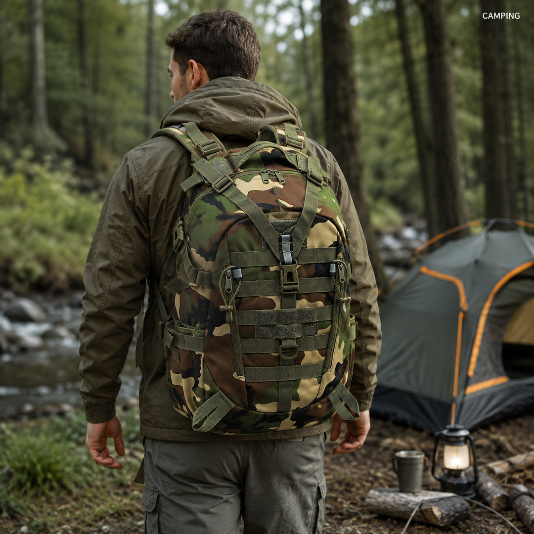 Modellpräsentation des unisex 40L taktischen Rucksacks