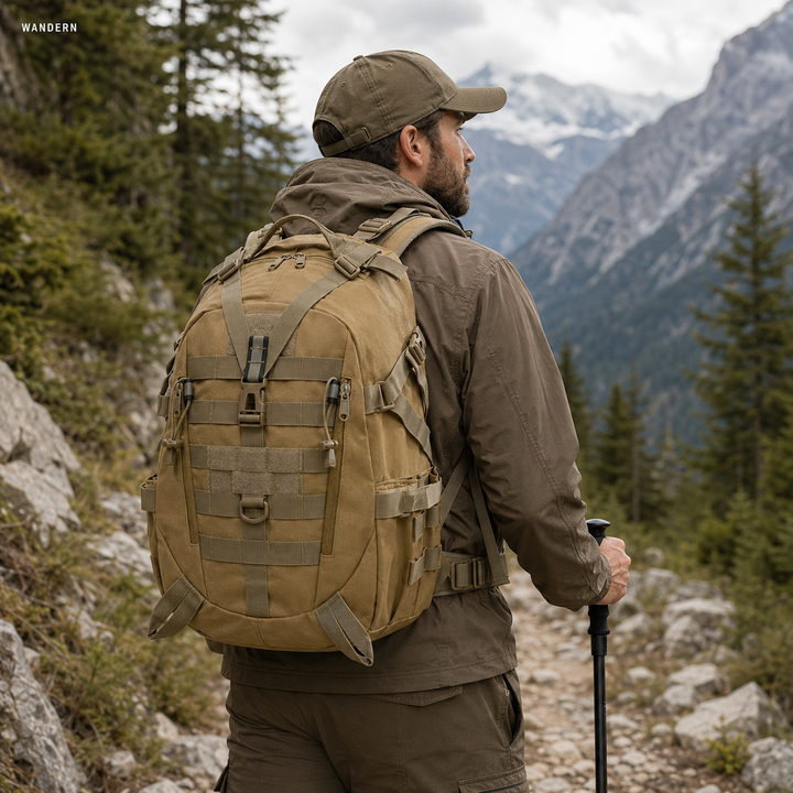 Wanderer mit hellem taktischem Rucksack von hinten auf einem Bergpfad