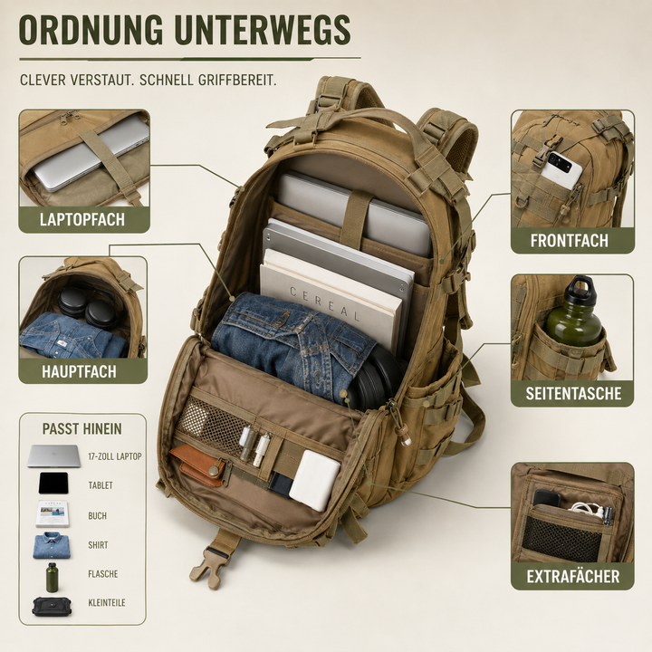 Taktischer Trekkingrucksack mit MOLLE-System für Ausrüstung