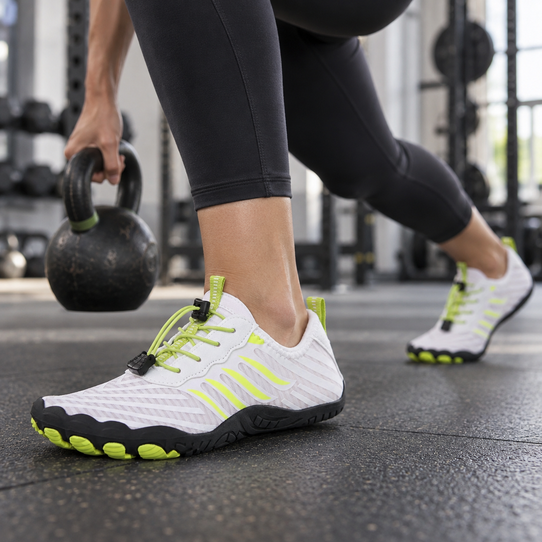 Person trägt weisse Barfuss-Sportschuhe im Fitnessstudio beim Workout