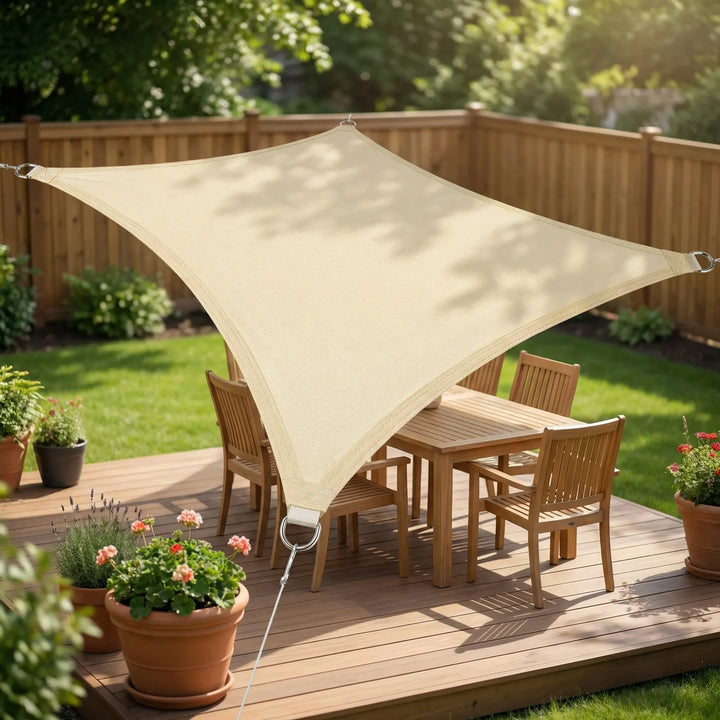 Rechteckiges Sonnensegel über einem Holztisch auf der Terrasse im Garten
