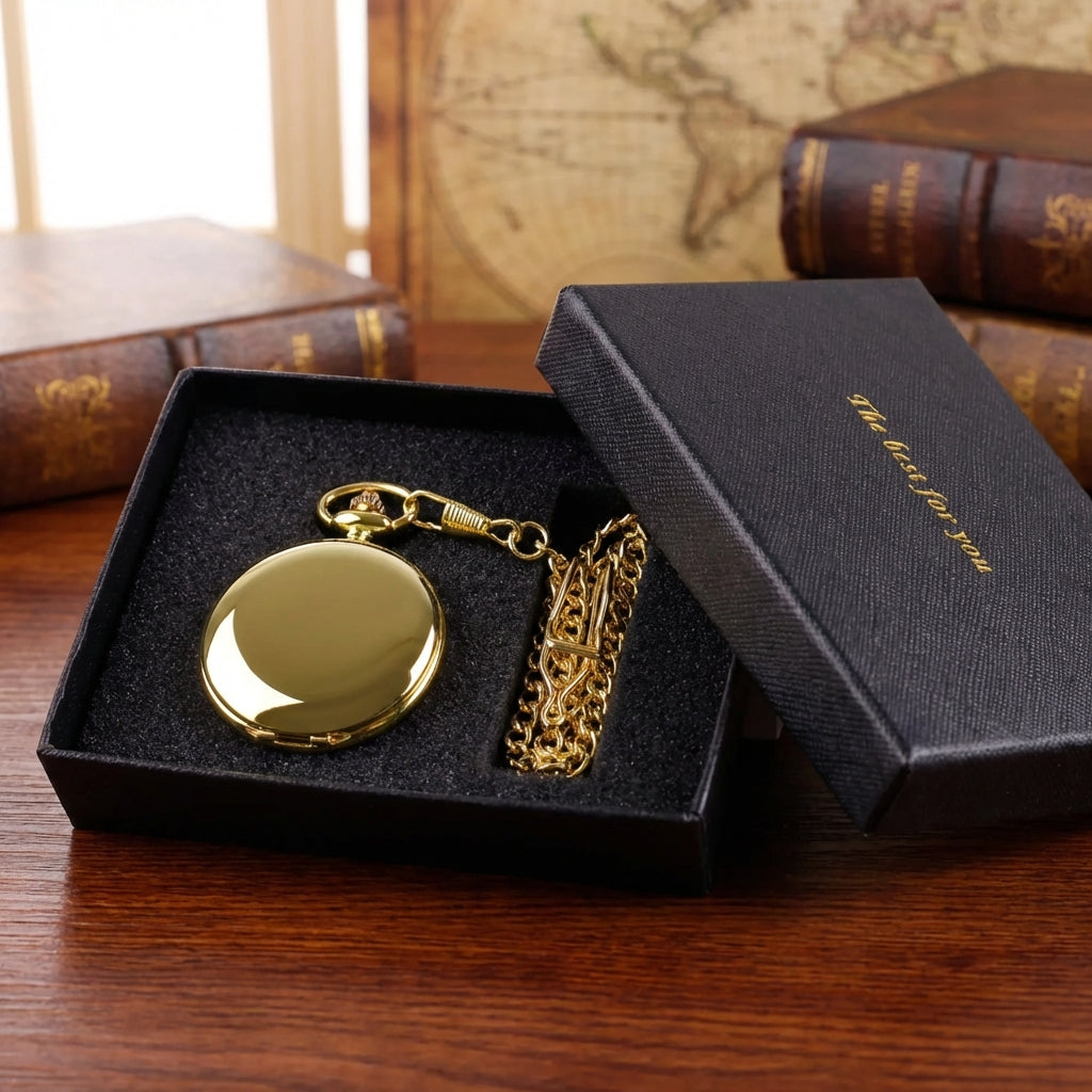 Goldene Taschenuhr mit Kette ordentlich in einer schwarzen Geschenkbox präsentiert
