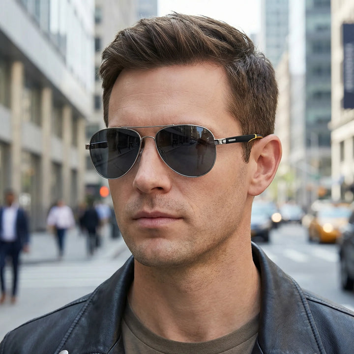 Mann mit Lederjacke trägt eine stylische polarisierte Fliegerbrille in der Stadt