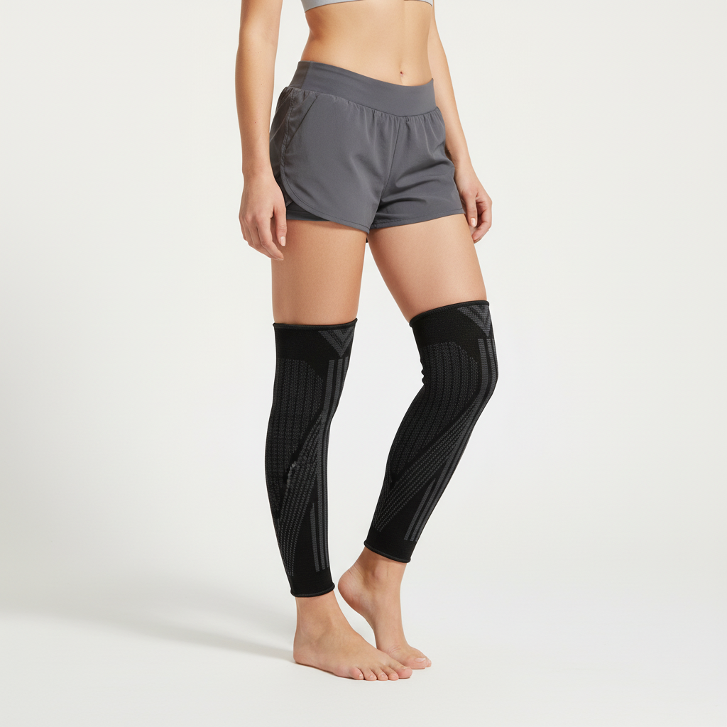 Frau in grauen Shorts mit schwarzen Kompressions-Wadenbandagen