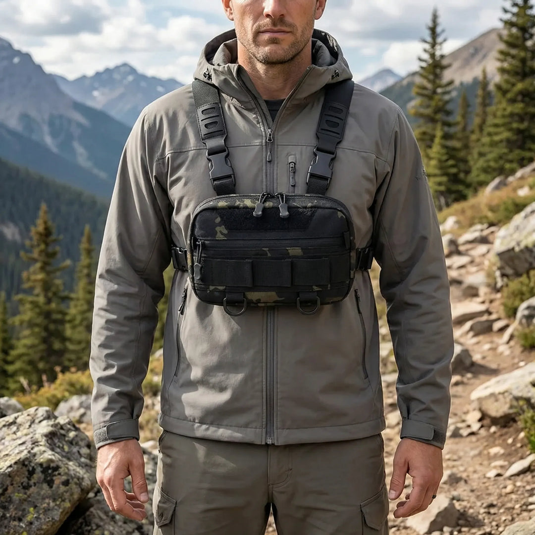 Mann trägt eine kompakte schwarze Tarnmuster Brusttasche beim Wandern in den Bergen