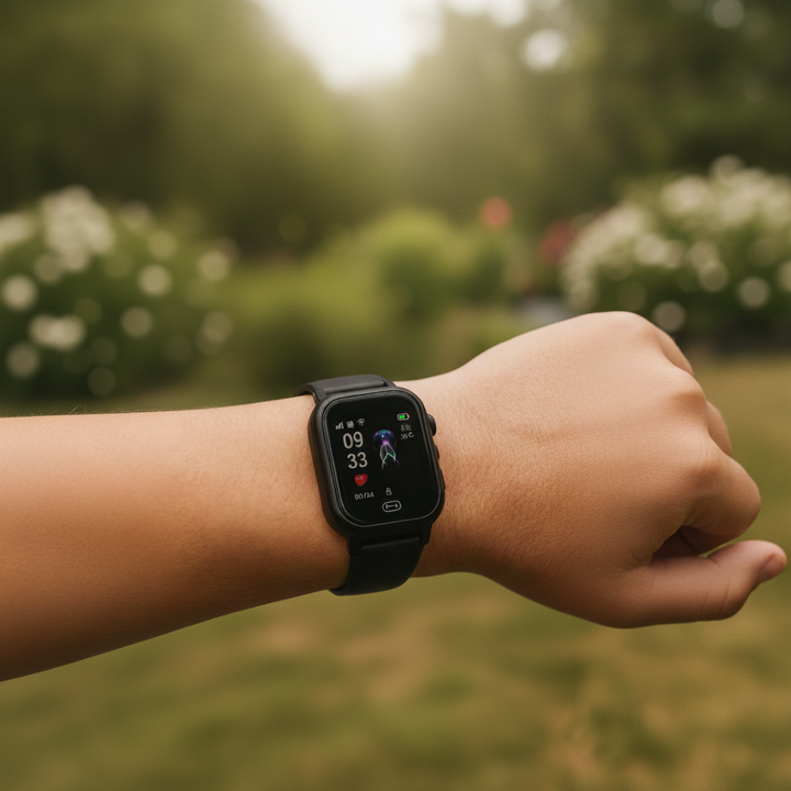 Schwarze Smartwatch für Kinder am Handgelenk im Freien