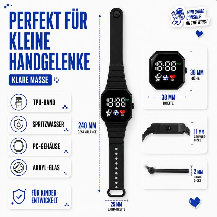 Technische Maße und Ansichten der digitalen Kinderuhr in Schwarz