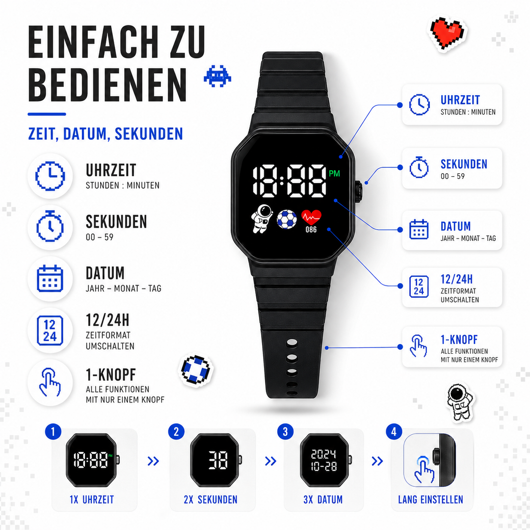 Bequeme digitale Kinderarmbanduhr aus hautfreundlichem Silikon für den Alltag