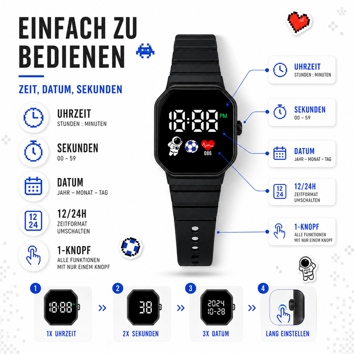 Bequeme digitale Kinderarmbanduhr aus hautfreundlichem Silikon für den Alltag