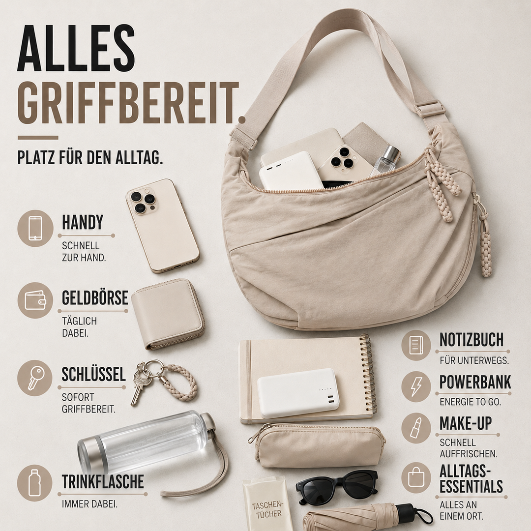 Komfortable Damen Slouchy Umhängetasche, weiches Material, ideal für lange Tage.