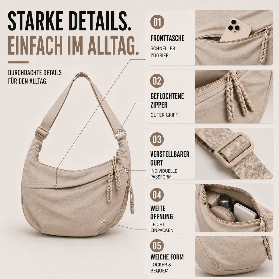 Vielseitige Damen Umhängetasche, Slouchy Design, großer Stauraum, als Crossbody oder Schultertasche.