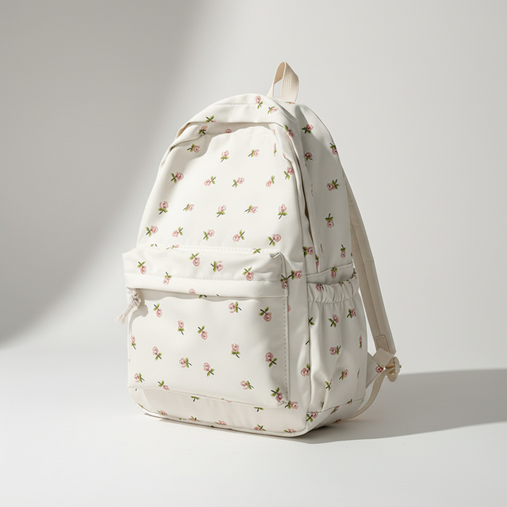 Damenrucksack mit Blumenmuster beim Tragen auf dem Rücken