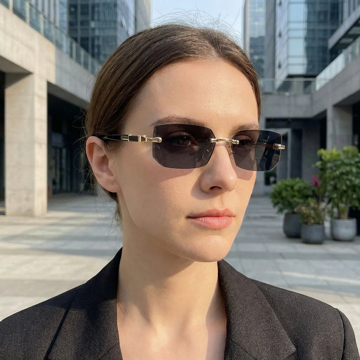 Frau trägt rahmenlose Rechteck-Sonnenbrille mit schwarzem Blazer im Freien
