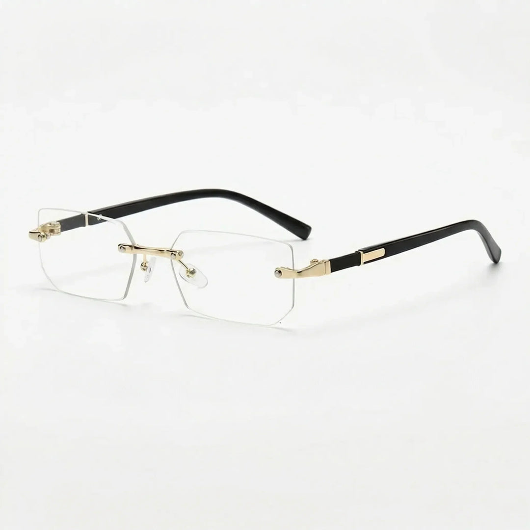 Transparente rahmenlose Rechteck-Sonnenbrille mit schwarzen Bügeln auf hellem Hintergrund