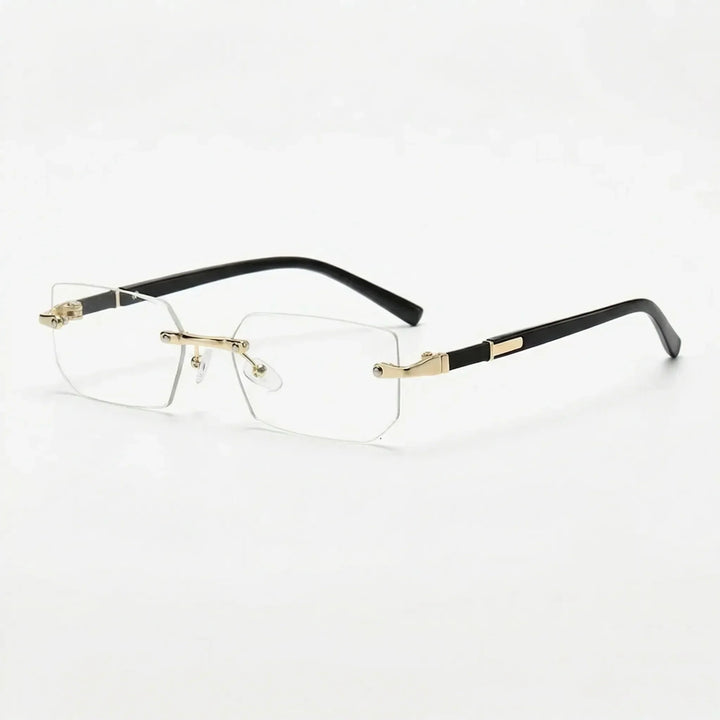 Transparente rahmenlose Rechteck-Sonnenbrille mit schwarzen Bügeln auf hellem Hintergrund