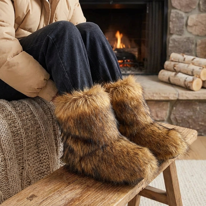 Damen Winterstiefel in Braun vor einem Kamin