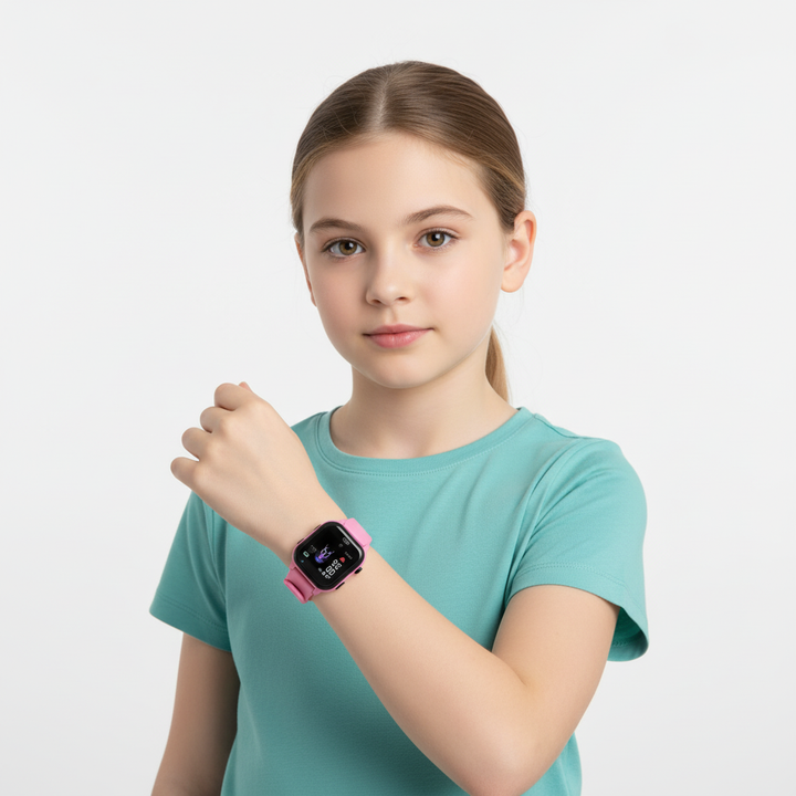 Kinderuhr mit GPS und Kamera, getragen am Handgelenk eines Kindes