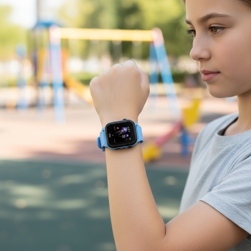 Kind trägt die blaue GPS Kinder-Smartwatch am Handgelenk im Freien