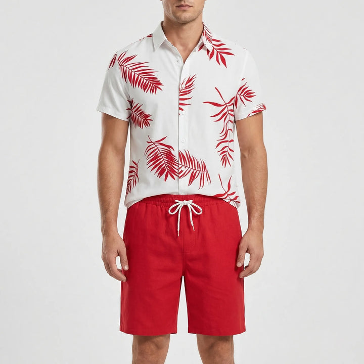 Weißes Herren Kurzarmhemd mit rotem Palmenprint und roten Shorts