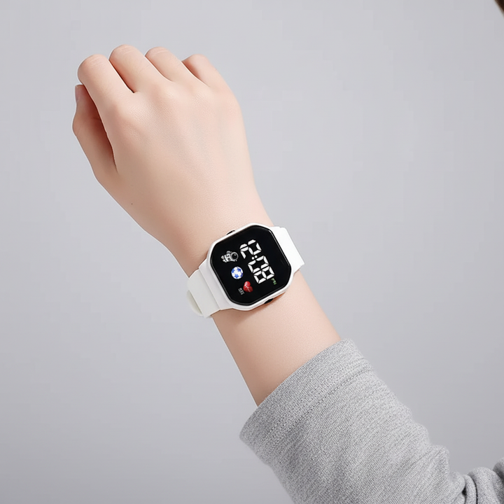Weisse digitale LED-Kinderuhr mit Weltraum-Symbolen am Arm