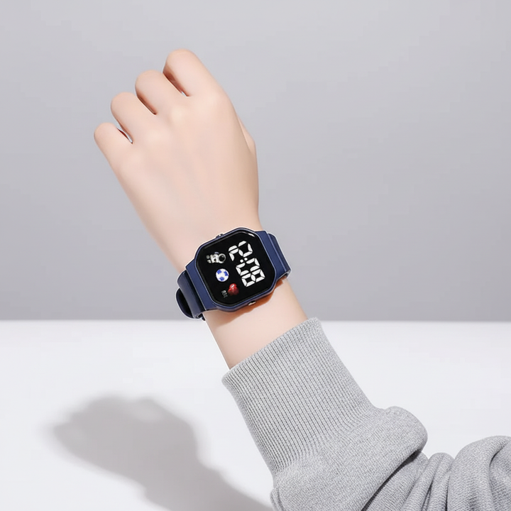 Robuste digitale Kinderuhr mit stoßfestem Silikonarmband in fratzigen Farben