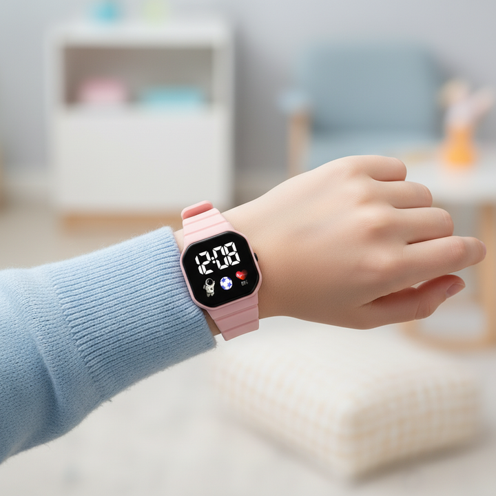 Rosa digitale Silikonuhr für Kinder mit LED-Anzeige am Handgelenk