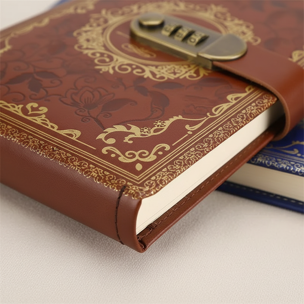 Klassisches Notizbuch mit retro Prägung und sicherem Zahlenschloss