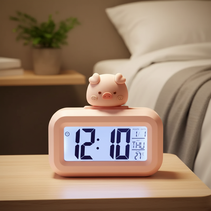 Rosa LED Wecker mit niedlicher Schweinchen-Figur auf dem Nachttisch
