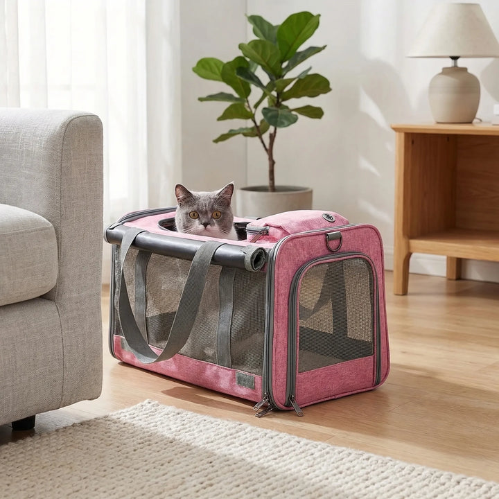 Rosa Katzentransporttasche Mewport mit grauen Details und Katze im Innenraum