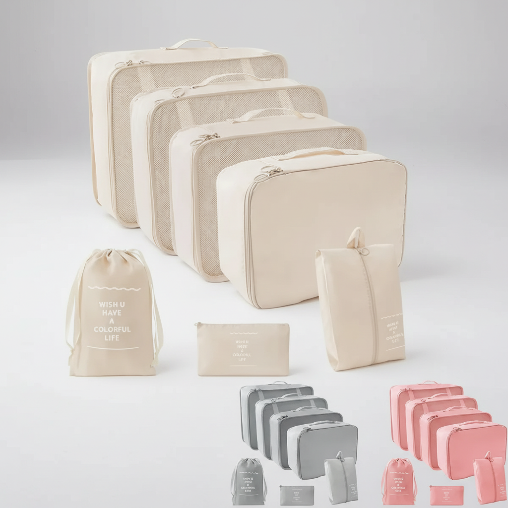 Vollständig gepackter Koffer mit übersichtlichem 7-teiligen Packwürfel-Set
