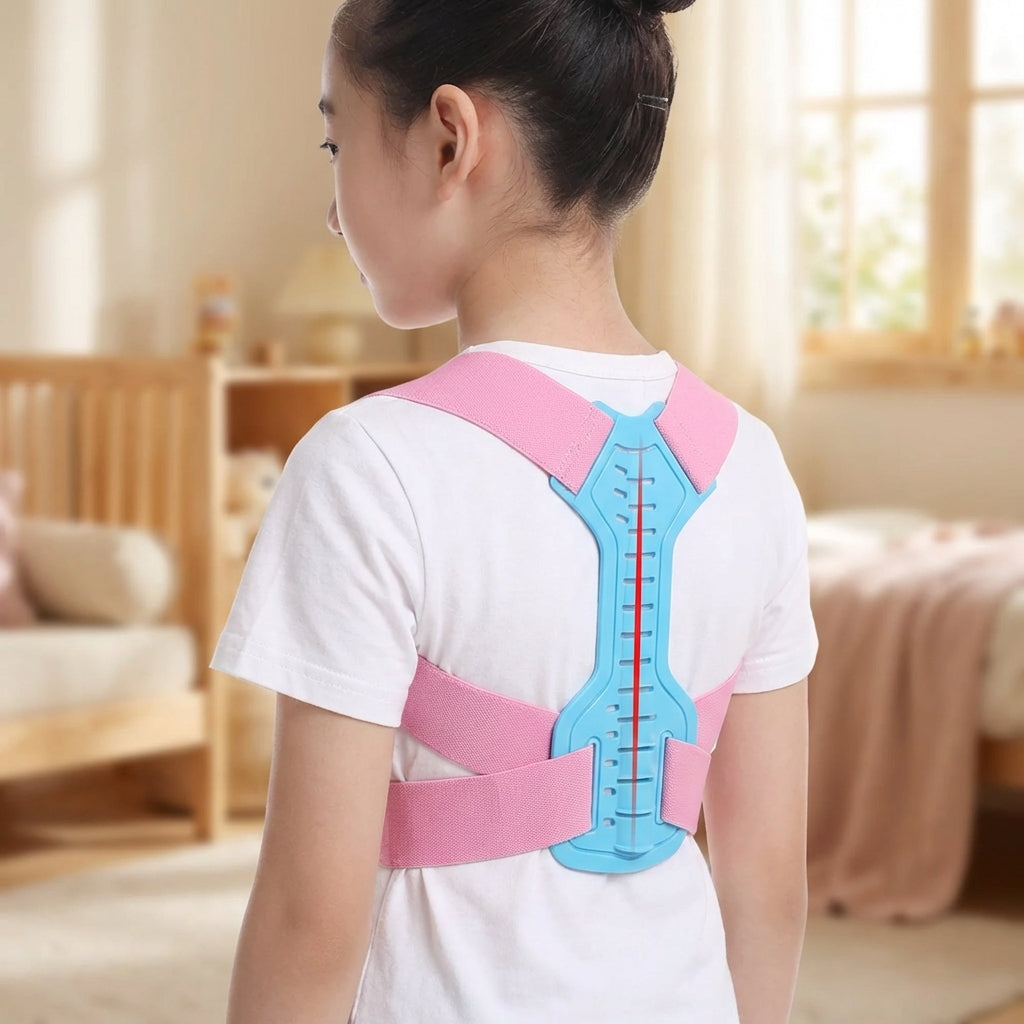 Mädchen mit pinker PosturaKiddo Haltungskorrektur, von hinten, in einem Kinderzimmer