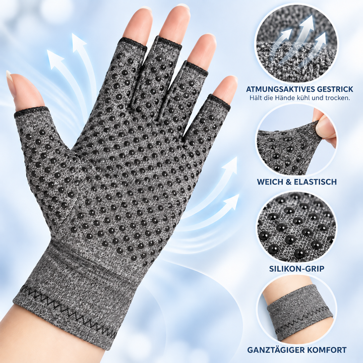 Graue Kompressionshandschuhe ohne Finger für Damen und Herren im Detail