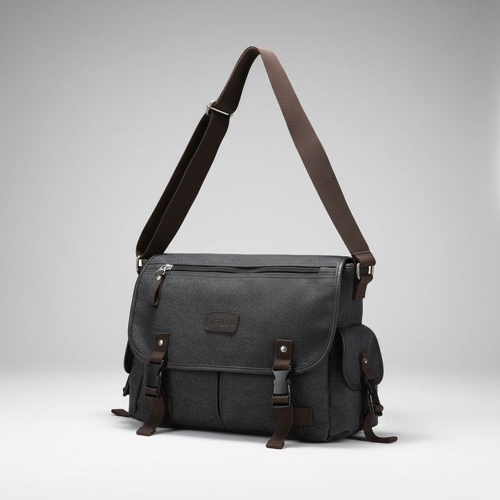 Unisex Retro Tasche zeigt das geräumige Hauptfach mit Reissverschluss