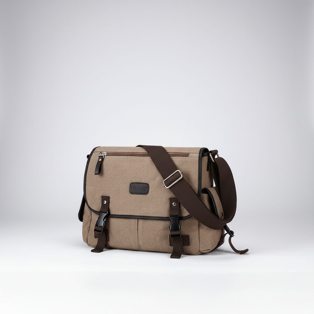 Detailansicht der robusten Schnallen an der schwarzen Messenger Tasche