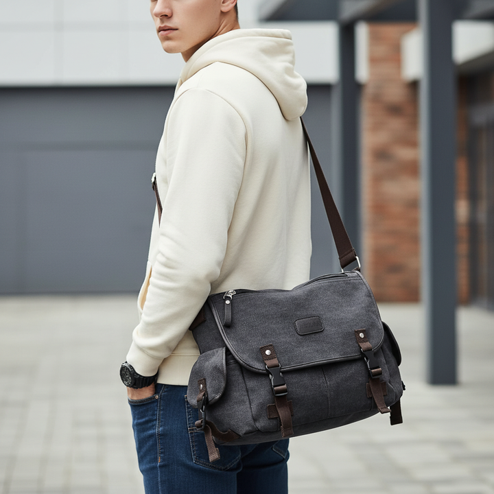 Mann trägt schwarze Retro Canvas Messenger Tasche über der Schulter im urbanen Stil