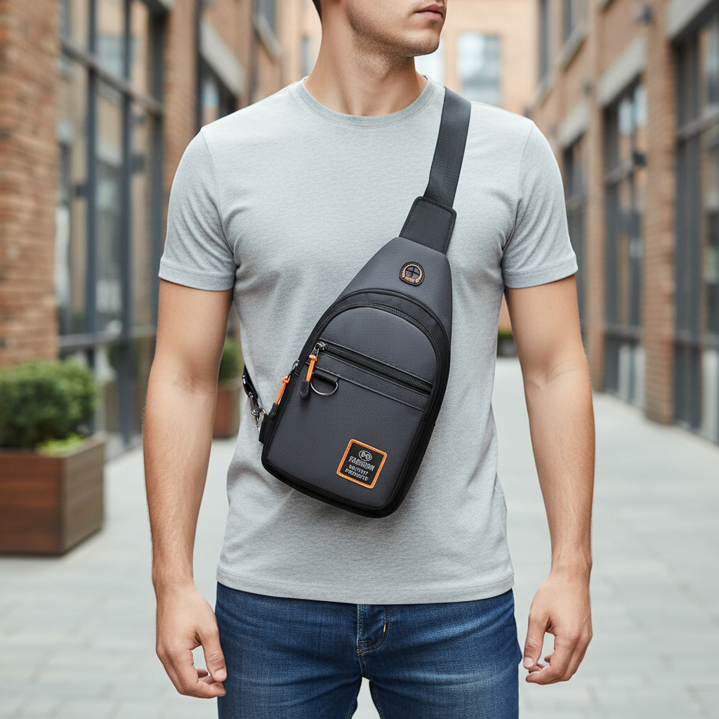Kleine Herren Crossbody-Umhängetasche in Detailansicht, ideal als sportliche Brusttasche für den Alltag.