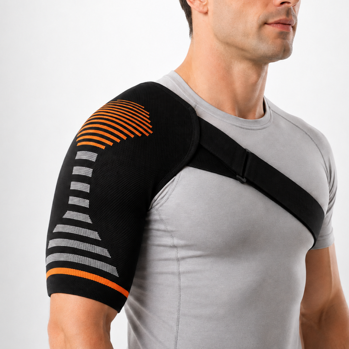 Nahaufnahme einer ergonomischen Schulterbandage vor neutralem Hintergrund