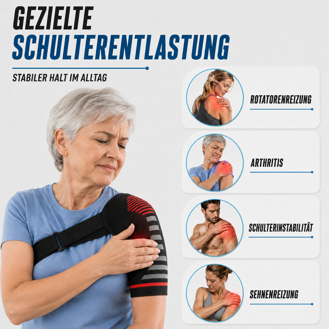Infografik zeigt Anwendungsbereiche der Schulterbandage bei verschiedenen Beschwerden