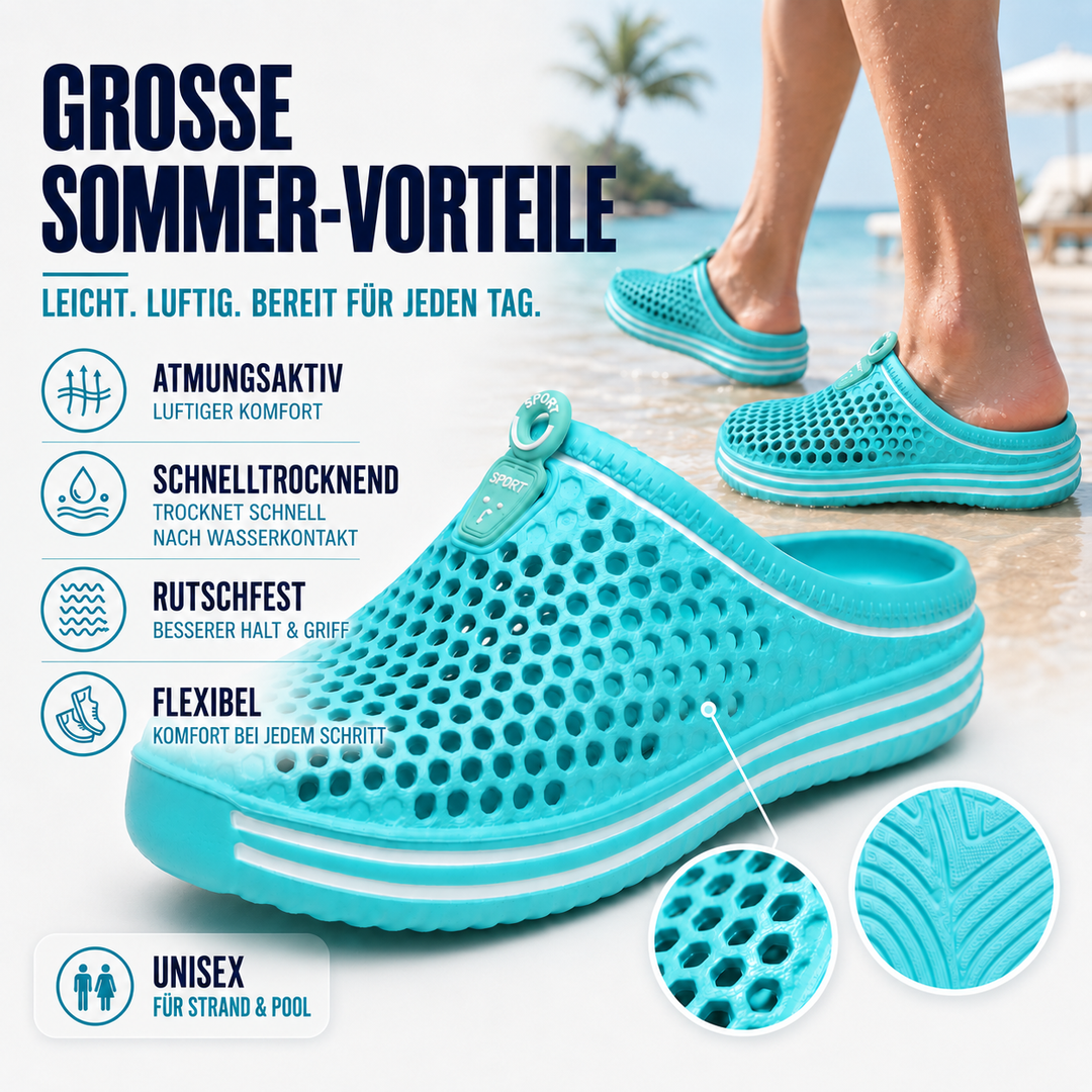 Perforierte Unisex Sandalen im Detail, zeigen das atmungsaktive Belüftungs-Design der Sommerschuhe